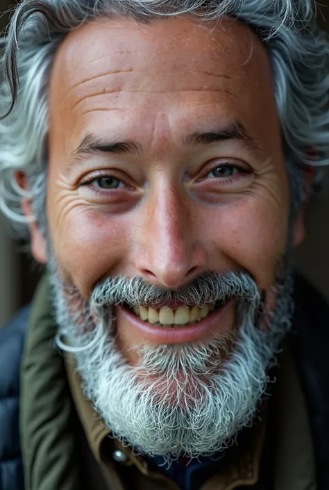 Close-up of a homeless man with a wonderful and happy look, a semi-gray beard and long semi-gray hair, very messy and swirling, his infinite wrinkles reveal all the life he has walked, his eyes are honey-colored, which look at the camera breaking the fourt...