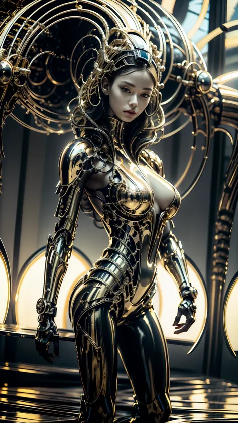 girl with futuristic mechanical armor in black and with gold metallic details,  body image of legs upwards , open legs,  very th...