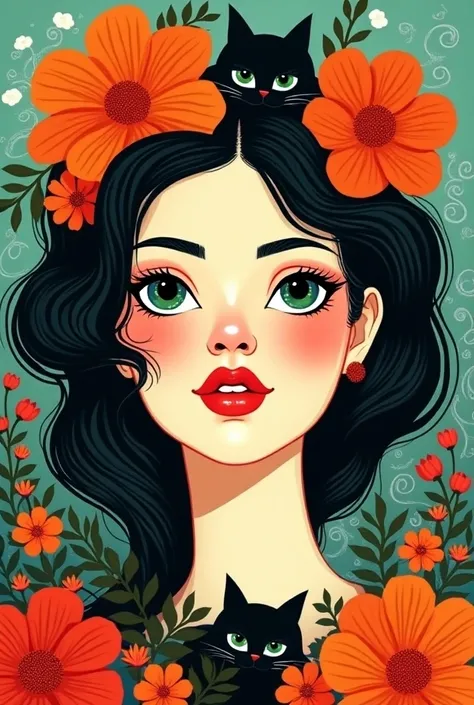 Illustrazione stilizzata per copertina di planner settimanale.  Female face in the center with large expressive eyes and red lips. Capelli neri ondulati ornati da fiori colorati oversize in tonalità arancioni,  red and yellow .  Two black cats with bright ...