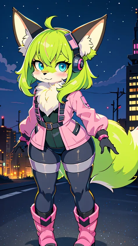 kawaii,  fluffy pink striped fox , green hair, blue eyes,  heterochromia, alone, body hair, (at night,  deserted city with ruins...