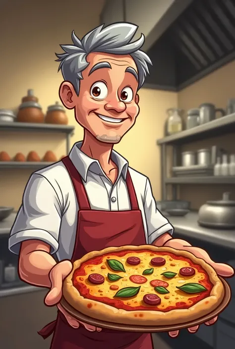 Pizzaiollo cartoon skinny light eyes looking forward with short gray hair combed down, offering a pizza and company logo 