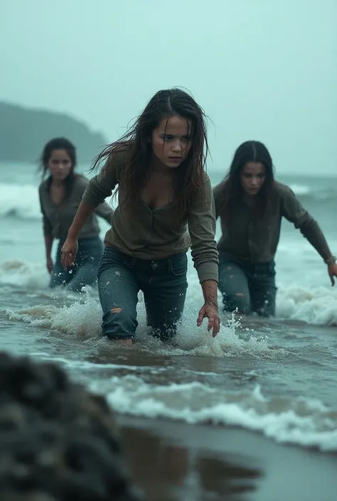  A group of young teenage girls ,  shipwrecked in dirty, completely tattered , realistic wet clothes (lange skinny Jeanshose, Longsleeve) swimming in the ocean on a beach