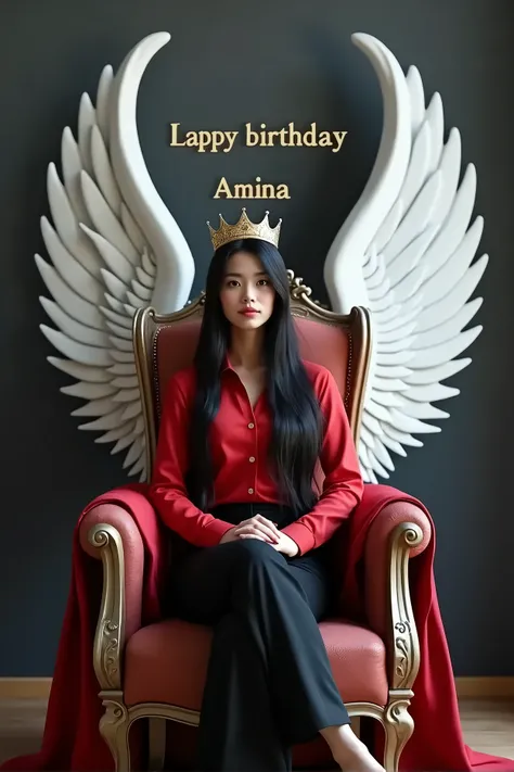 a 20 years girl sitting on king chair, wearin black pant and red shirt, long black hair, king attituce, wearing crown, throne, large white wings on chair, back wall is dark grey, happy birthday Amina written on wall, UHD, 4K, ultra realistic, high details