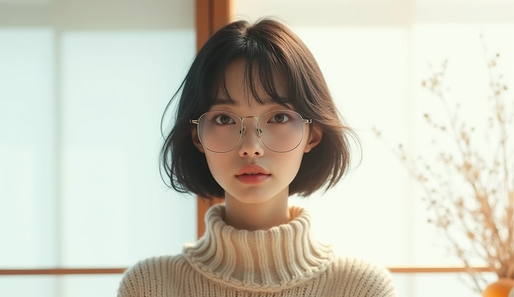 Majestic Japanese woman with short bob hair,Music album cover style, sweater, Glasses, Japanese style room, Kotatsu, mandarin orange, 