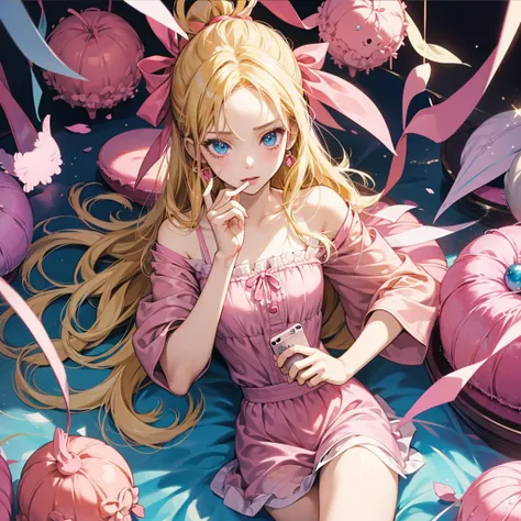 One piece Anime, 1 girl,  high resolution , long hair, Rice, blue eyes, fringe, Blonde hair, Jewel, hair ribbon, pink clothes, HOLDING A CELL PHONE, sucking a lollipop, no shopping, 18 years old, Alone, 