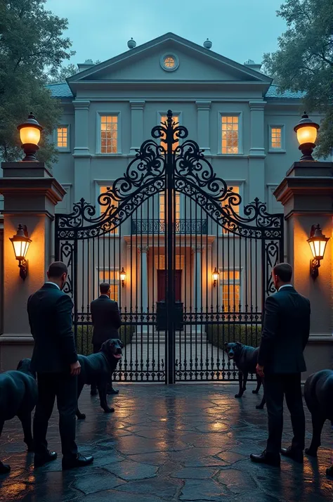 A heavily fortified security gate outside a large mansion, with No Entry signs posted all around. Guard dogs are patrolling the area, looking alert and ready. Tall, muscular security guards dressed in black suits stand at various checkpoints, with high-tec...