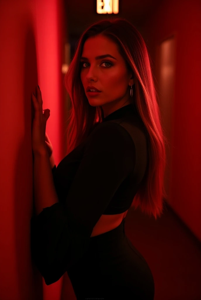 Lali Espósito Highlighter ,a beautiful young woman,green eyes,long straight brown blonde hair with shiny white skin , thick red lips
standing in a corridor illuminated with a bright red light.   he is wearing a black outfit with a high opening on the side ...