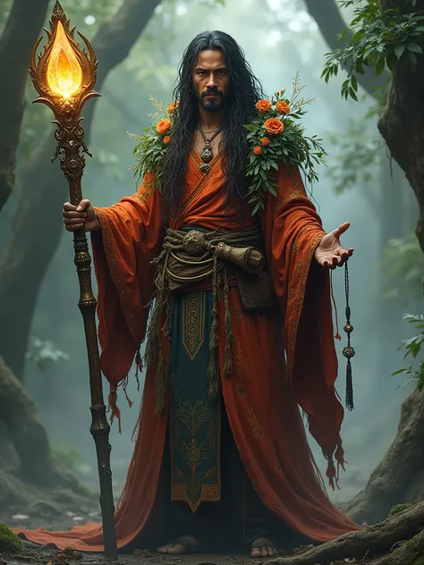 Create a character for game. He is a mage. His name is Raden Sembara wears traditional batik robes adorned with mystical symbols. His long, flowing hair is decorated with natural elements like flowers and leaves. He carries a staff made from the sacred woo...