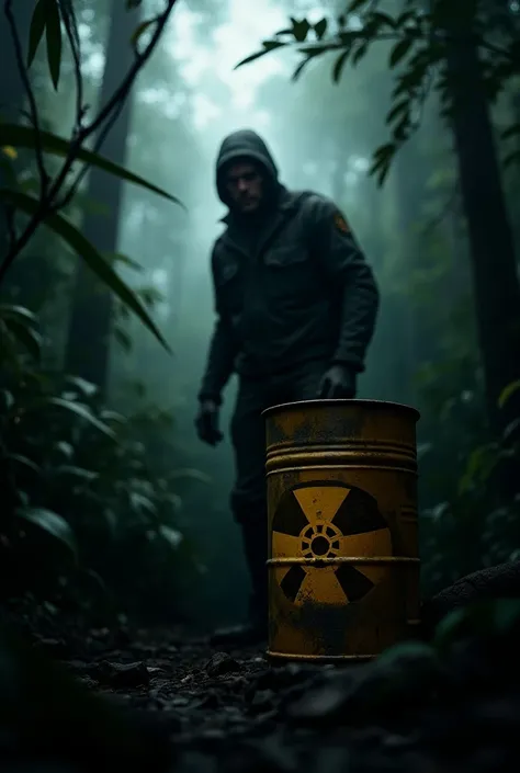 Radioactive waste drum and  scowler in Amazon jungle dark mystery background 