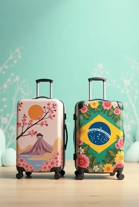 A SUITCASE ON THE LEFT WITH SAKURA AND JAPANESE ELEMENTS ,  STRAIGHT SIDE WITH A SUITCASE WITH ELEMENTS OF BRAZILIAN CULTURE