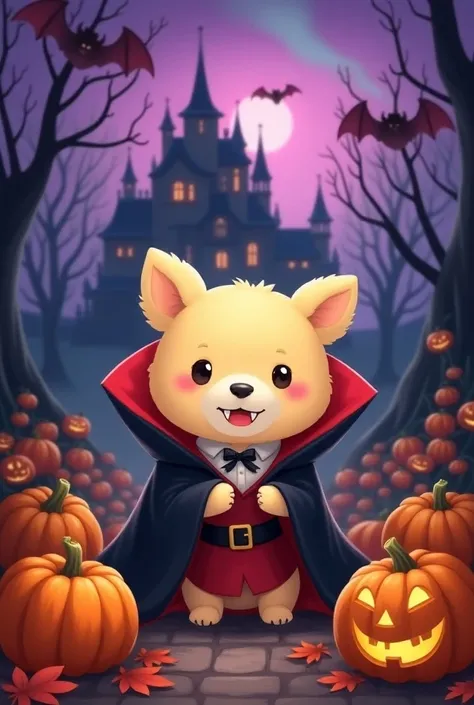 Created a Pompompurin image with a vampire cloak and teeth, with pumpkins around him, a mansion, bats, and a purple aurora borealis background