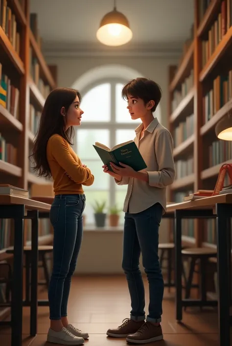  An image of a student holding a book of the Brazilian Constitution in his hand talking (Moving the mouth)with a librarian  