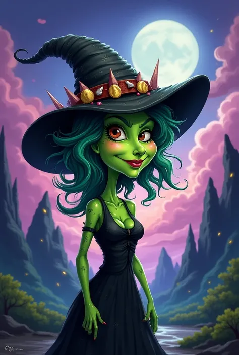 Wicked green witch with roller derby hat cartoon