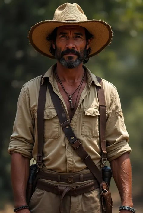 fabian:  A man with sun-tanned skin ,  with a tough expression and marked features.  He wears simple and rustic clothes ,  always wearing a straw hat . His posture is robust ,  but filled with tiredness .