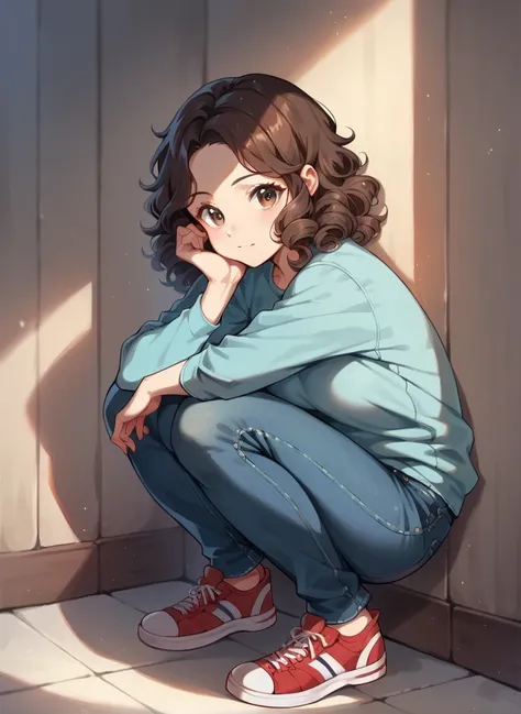 Young adult, Extremely cute, squatting, open legs, medium size breasts, blue ((long sleeve)) shirt, jeans, red sneakers, good eyes, medium size hair, curly hair, dark brown hair, dark brown eyes, solo