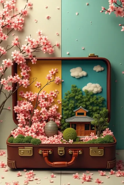 AN OPEN SUITCASE,  ON THE LEFT INSIDE THE SUITCASE FILLED WITH SAKURA FLOWERS AND ELEMENTS OF JAPANESE CULTURE, ON THE RIGHT SIDE INSIDE THE SUITCASE WITH ELEMENTS OF BRAZILIAN CULTURE AND A HOUSE , lar