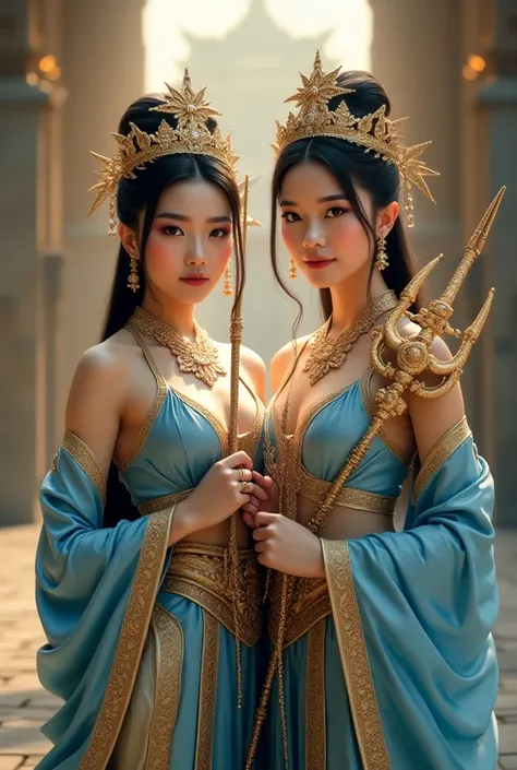  Fullbody photo featuring 2 beautiful Asian girls,  dressed in a glittering gold blue fashion  ,  like a royal princess wearing a golden crown with a matching glittering gold crown, and wear beautiful jeweled necklace accessories glittering in matching , i...