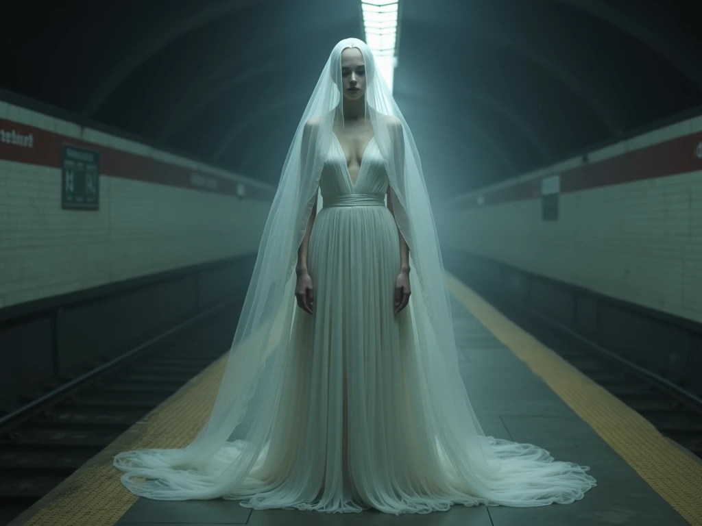 A woman all in white inside a subway with a faceless face