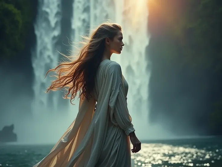 A beautiful woman with flowing hair stands in front of a cascading waterfall. She wears flowing robes and has a determined expression. Rainbow light shimmers around the waterfall, creating a magical aura.., muted color grading, bokeh, epic fantasy, over-th...