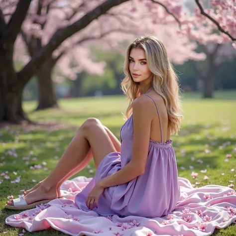 Park in spring during the hanami “She is a woman with a slender and toned figure . has warm skin tone,  complemented by her blonde and wavy hair that falls with volume on her shoulders . His face is oval, with defined features, big and expressive eyes, tha...