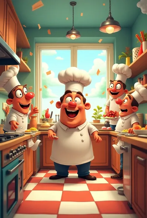 Ches cooking in an animated cartoon-like kitchen where there are several chefs