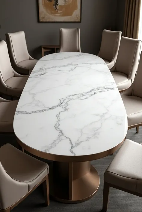 Dining room with 6 seats in champagne colored wood ,  the oval-shaped white marble-like table with the gray cracks and the upholstery of the gray chairs only in the sitting area 
That the chairs are only upholstered in gray in the sitting area, The rest wi...