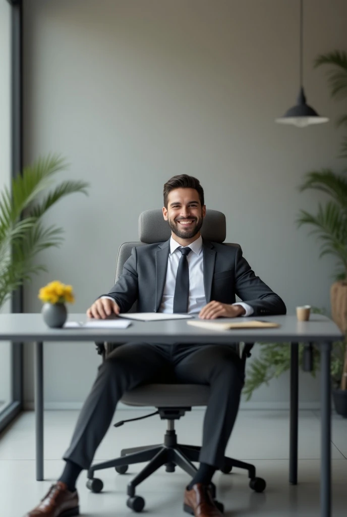 happy young businessman sitting on a grey chair table