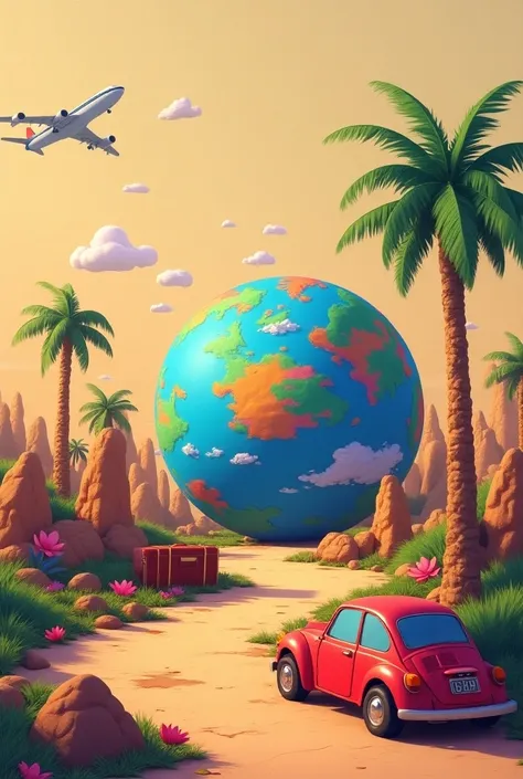 Image pixar d une grande planète colorée avec un fond kaki, des valises, avion, palmier, voiture, 