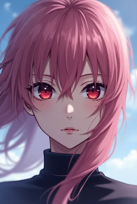 Yuno gasai
With hair and eyes only
Background as sky
With her normal mood
Half head