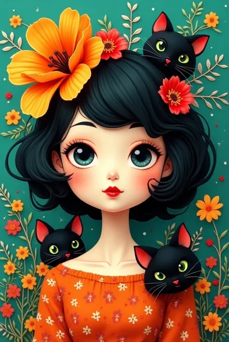 3D Rendering di una copertina per planner settimanale in stile chibi anime e cartoon surreale. Personaggio femminile centrale con volto stilizzato, occhi grandi ed espressivi, e labbra rosse. Capelli neri ondulati decorati con fiori oversize in tonalità ar...