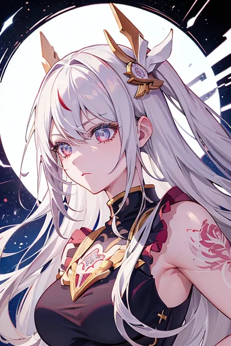 " Portrait of a white-haired deity in a manga style ,  with intricate tattoos covering her body ,  style that reveal a complete and detailed body art .  The character displays an impressive beauty and striking features , with a touch of mystery.  Inspired ...