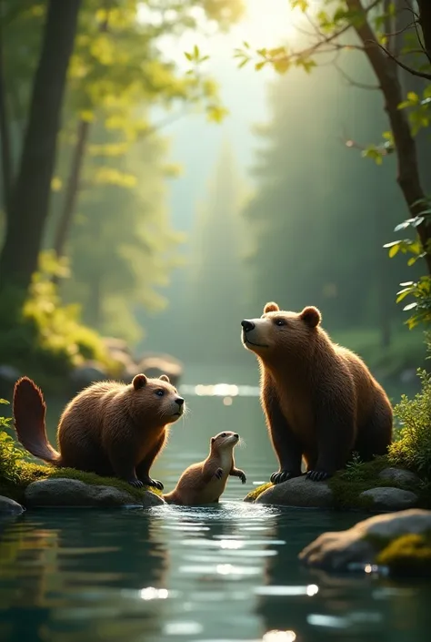 An adult beaver an otter a bear 