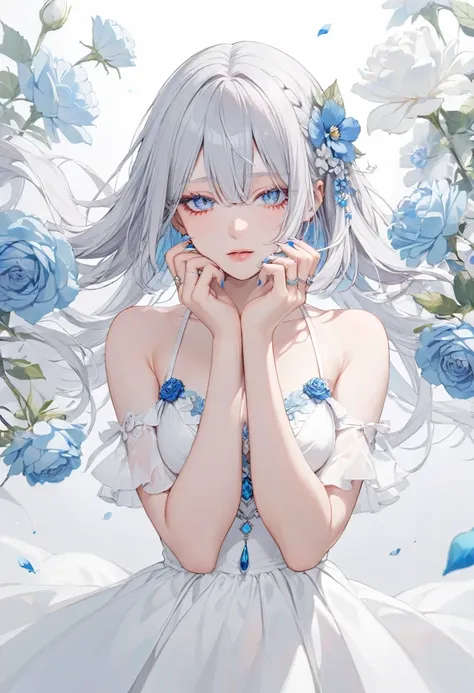 - 1 girl, Clear Silver Eyes , Alone, Bobcut, dress, Blue Nail, Looking at the viewer, Gray Hair, flower,  jewelry , Floating Hair, White eyeshadow, Blue eyeliner, nail polish, ring, Have,  hair accessory, bare shoulders, Large Breasts,  Blue Sapphire False...