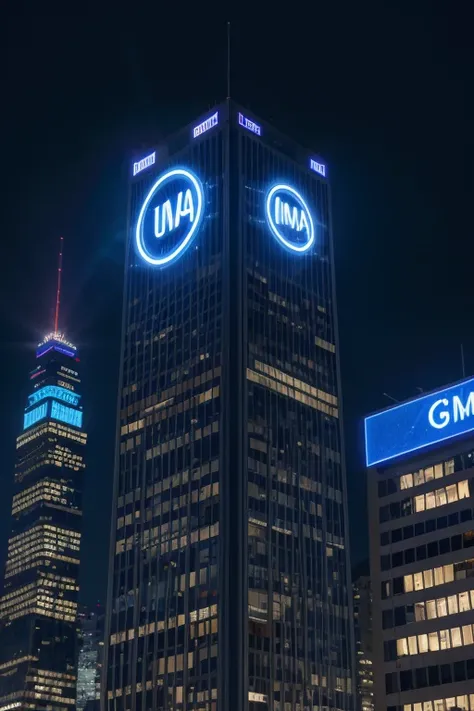  At the top of the building , uma grande estrutura metálica exibe a logo da BAMD  em letras gigantes,  illuminated in vibrant blue at night ,  standing out on the city skyline .  The logo font is modern and bold ,  transmitting the image of a futuristic co...