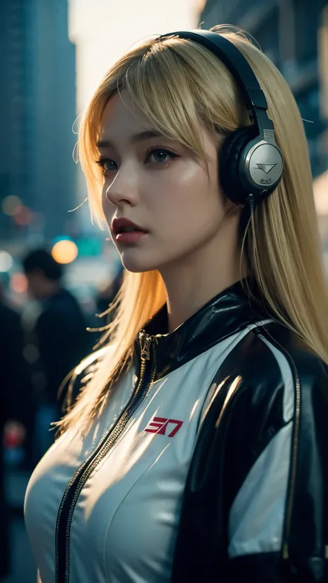 a woman with headphones, cyberpunk art by Jason A . English, CGSociety, retrofuturismo, Ilya Kuvshinov, sci-fi, futurist, vibrant, photorealistic, realistic, dramatic,  cinematographic lighting , sharp focus, 8k, sexy clothes, blonde girl