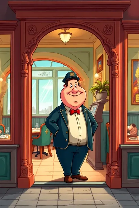 The entrance to a restaurant with a doorman, Cartoon type that shows more of the restaurant with its ticket