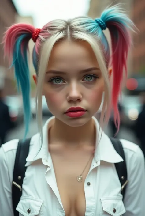 Photograph of  blonde girl (hair in blue and red dyed pigtails), big green eyes, big lips, with a low-cut white shirt, Billie Eilish face. In a new york street.