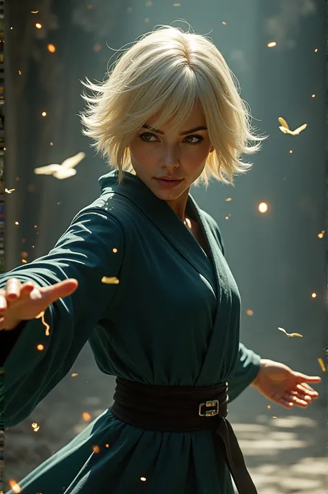  Short haired blonde woman running in ninja costume using sacred magic. Throwing Shiriken 