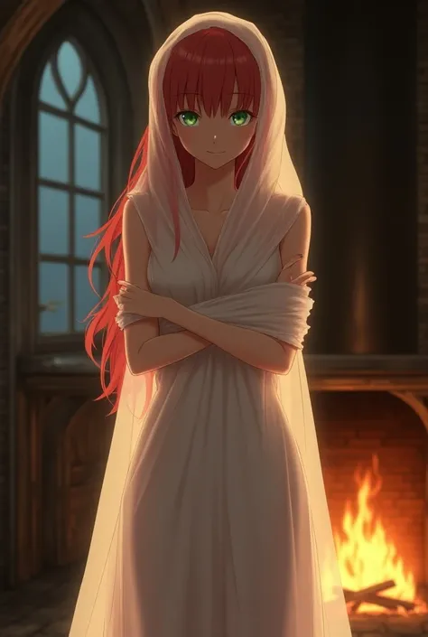 Anime style image, beautiful woman, Redhead,  standing with his back to the camera, covering himself with a sheet , green eyes, timida way,  in a medieval room ,  illuminated by the chimney light.