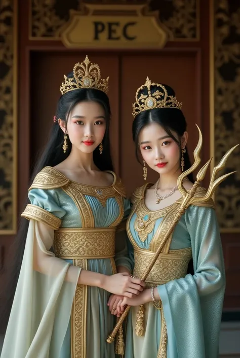  Fullbody photo featuring 2 beautiful Asian girls, who is dressed in a dress like a beautiful queen and a shimmering golden-blue shawl ,  like a royal princess wearing a golden crown with a matching glittering gold crown,  and wearing beautiful jeweled nec...