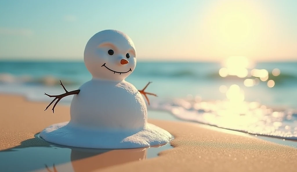  A realistic snowman ,  alone with a sad expression on his face almost melted on the sunny beach on a summer day.  The landscape has to show the sea in the background ,  with a realistic piece of the sun showing . It could be a HD model , super detailed,  ...