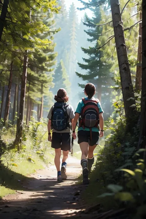  Two hikers touring a forest, The image must be a poster 