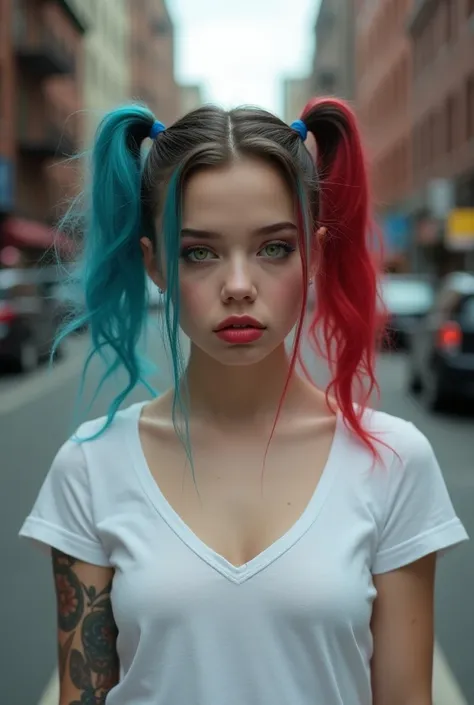 Photograph of a young blonde girl (hair in blue and red dyed pigtails), big green eyes, big lips, with a low-cut white t-shirt, Billie Eilish face. In a new york street.