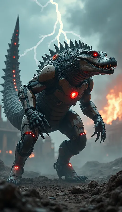 A terrifying hybrid that fuses Iron Man’s technological armor with the primal power of a crocodile. The creature has a metallic body shaped like a crocodile with armored plating, glowing reactor cores embedded in its back, and sharp mechanical claws. Its h...