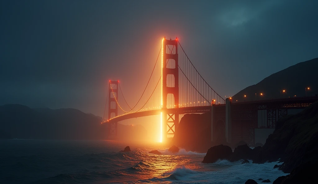 Create an image to illustrate a video on YouTube , The images must be real , I DON&#39;T WANT A DRAWING,  should be flashy and appealing and connect with the people who are watching the Golden Gate opening in a dark setting, with an intense light coming ou...