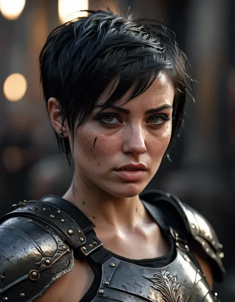 Beautiful barbaric woman, black short hair, Punk hair ,  poor armor , highly detailed face, high detail skin,  Muscle definition , high resolution,  photorealistic ,  cinematic lighting , medium shot.