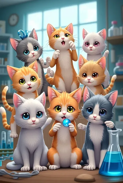 An anime-style portrait photo with 9 cats in a laboratory posing for the camera. 