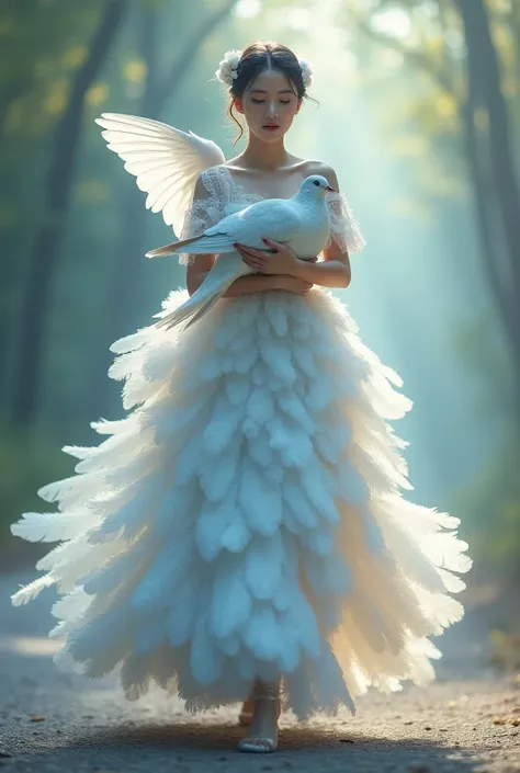 #MyAIArtwork_Promt: A surreal and elegant full-body image of a delicate woman made entirely from soft, iridescent pigeon feathers. Walking gracefully, she cradles a peaceful dove in her arms, their connection radiating tenderness and serenity. Her feathere...