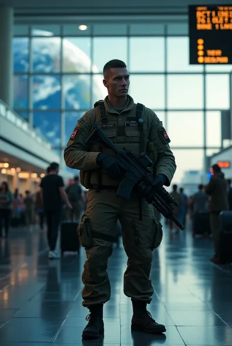 Marine soldier at the airport with a planet 🌎