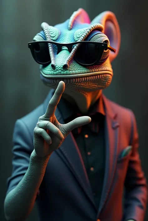 Cool chameleon with dark glasses, of clothes, Making jewel sign